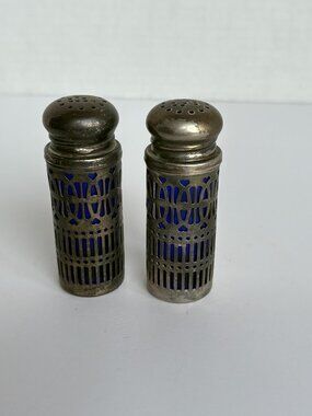 Vintage Silverplate and Cobalt Blue Glass Art Deco Salt and Pepper Shakers